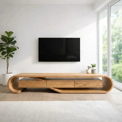 Solid Wood TV Cabinet with Curved Design – Modern Walnut Media Console Kitchnce