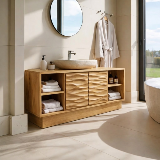Modern Solid Wood Bathroom Vanity with Wave-Patterned Doors