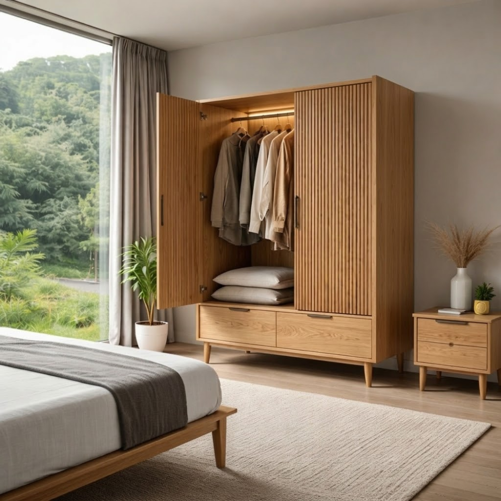 Solid Wood Wardrobe with Slatted Doors and Drawers – Modern Bedroom Closet