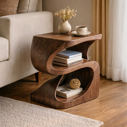 Solid Wood Sculptural End Table with Open Shelf – Modern Curved Side Table
