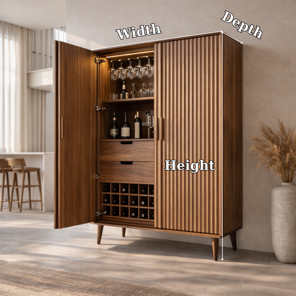 Solid Wood Bar Cabinet with Fluted Doors, Wine Storage & Glass Rack – Modern Home Bar