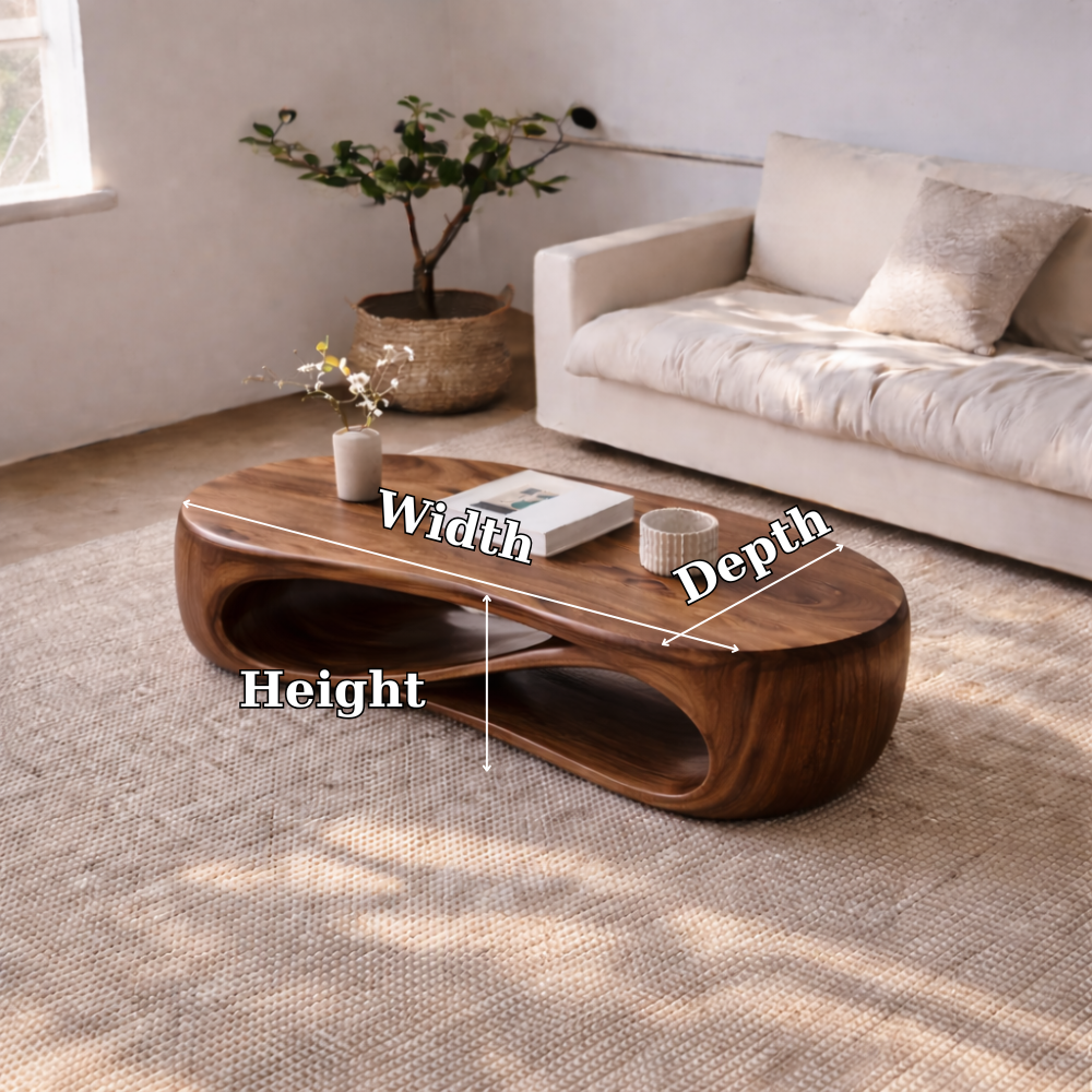 Solid Wood Sculptural Coffee Table with Curved Storage Shelf – Modern Living Room Table Kitchnce