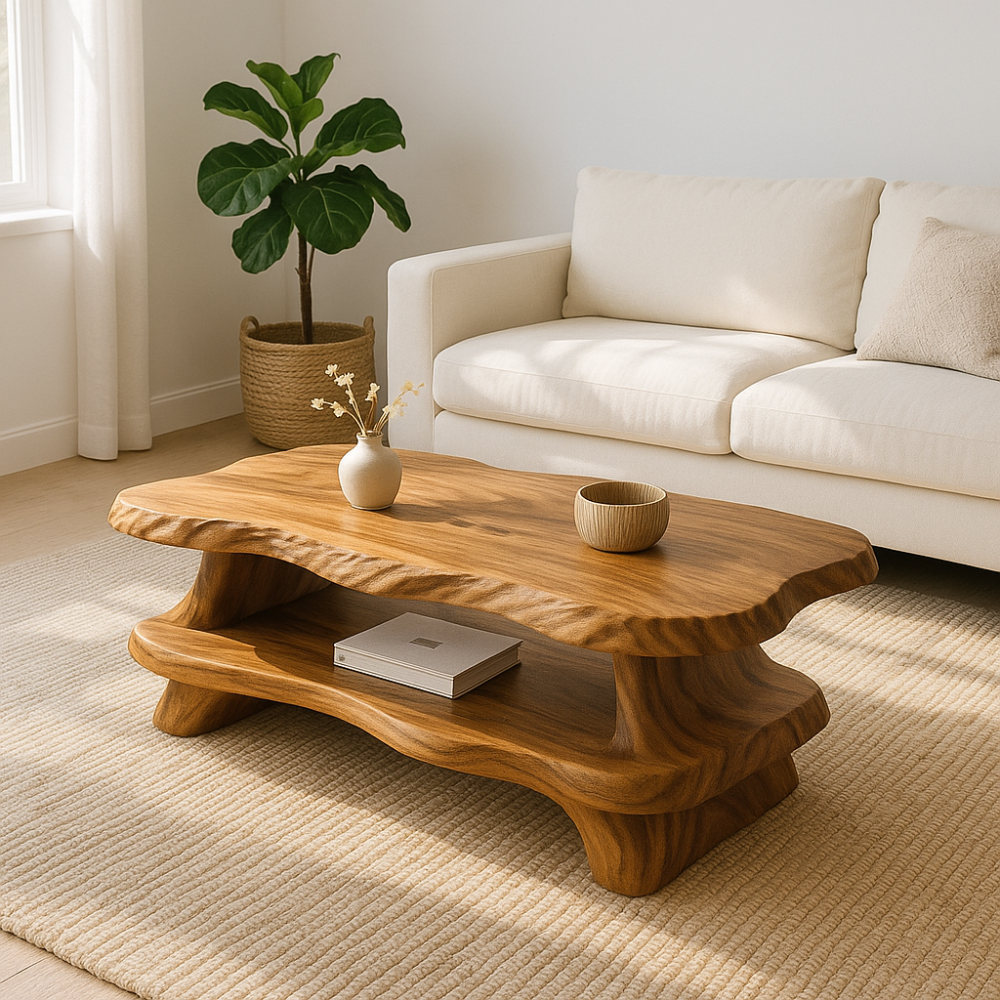 Handcrafted Solid Wood Coffee Table – Organic Live-Edge Design with Sculpted Double Shelf Kitchnce