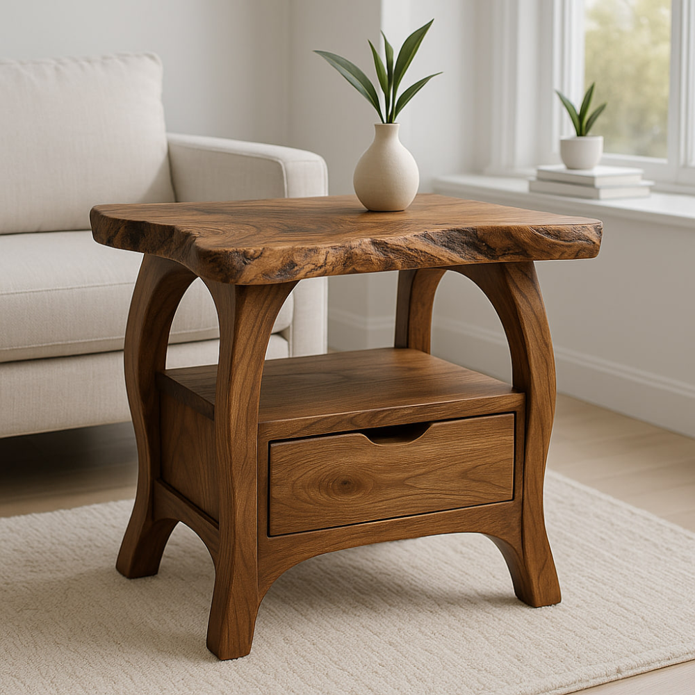 Handcrafted Solid Wood End Table with Drawer – Live Edge Organic Side Table Kitchnce
