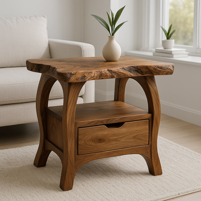 Handcrafted Solid Wood End Table with Drawer – Live Edge Organic Side Table Kitchnce