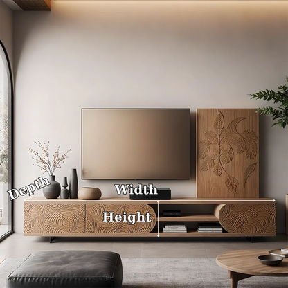 Solid Wood TV Stand Modern Media Console with Carved Front Storage Cabinet