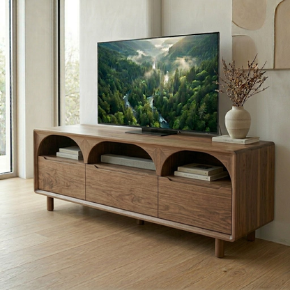 Solid Wood Media Console with Arched Shelves – Modern TV Stand Storage Unit