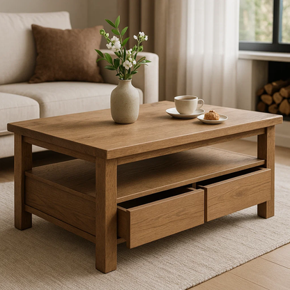 Handcrafted Solid Wood Coffee Table – Modern Rustic Design with Storage Drawers Kitchnce
