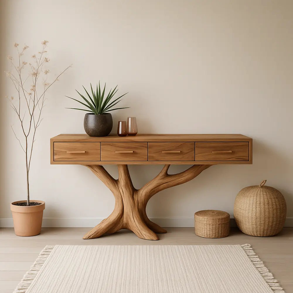 Handcrafted Solid Wood Console Table with Branch-Inspired Base – Modern Organic Entryway Decor Kitchnce