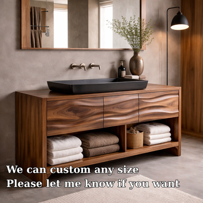 Solid Walnut Wood Bathroom Vanity Cabinet with Drawers & Open Shelf – Modern Vanity Base