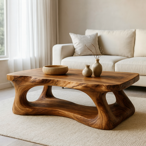 Handcrafted Solid Wood Coffee Table with Organic Sculptural Base, Modern Natural Center Table for Living Room, Luxury Artisan Wooden Furniture Kitchnce