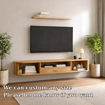 Floating Solid Wood TV Stand with Drawer and Open Shelves – Wall Mounted Media Console Kitchnce