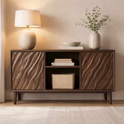 Solid Wood Console Cabinet with Wave Carved Doors & Open Shelf Storage