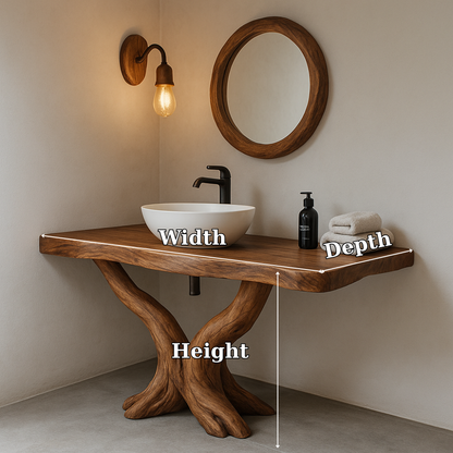 Handcrafted Solid Wood Bathroom Vanity – Rustic Natural Design with Curved Root Base Kitchnce
