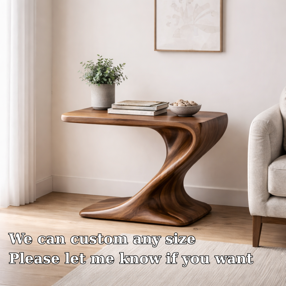 Solid Wood Sculptural End Table – Modern Walnut Curved Side Table for Living Room Kitchnce