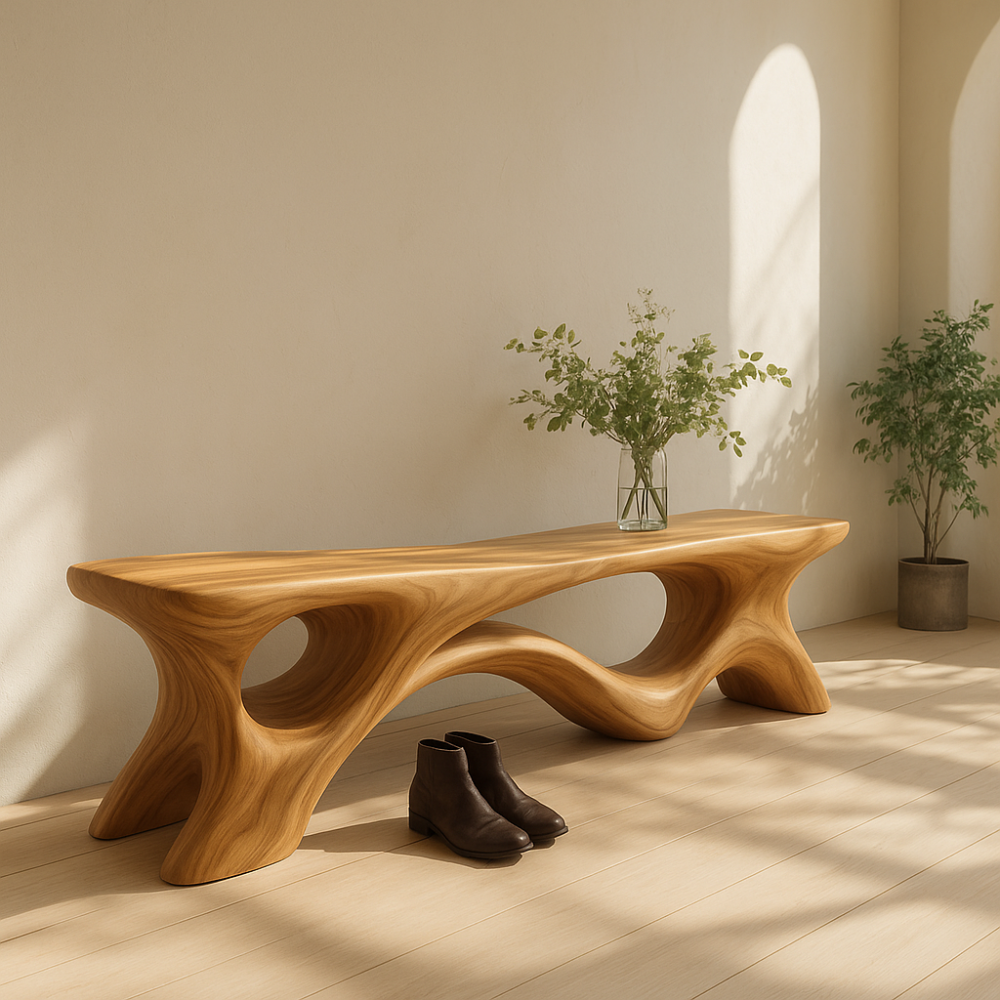 Handcrafted Solid Wood Bench – Sculptural Organic Design with Modern Flowing Curves Kitchnce