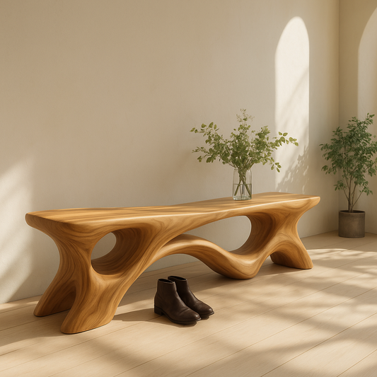 Handcrafted Solid Wood Bench – Sculptural Organic Design with Modern Flowing Curves Kitchnce