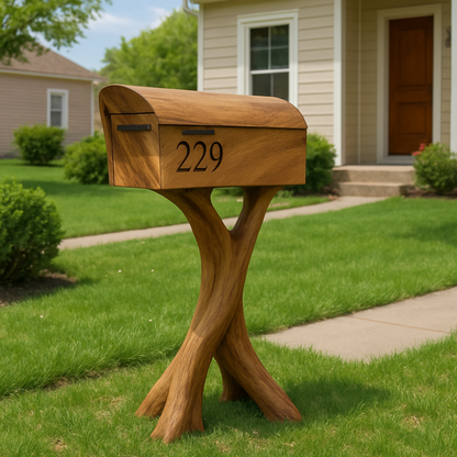 Handcrafted Solid Wood Mailbox with Sculptural Base – Luxury Outdoor Post Box Kitchnce