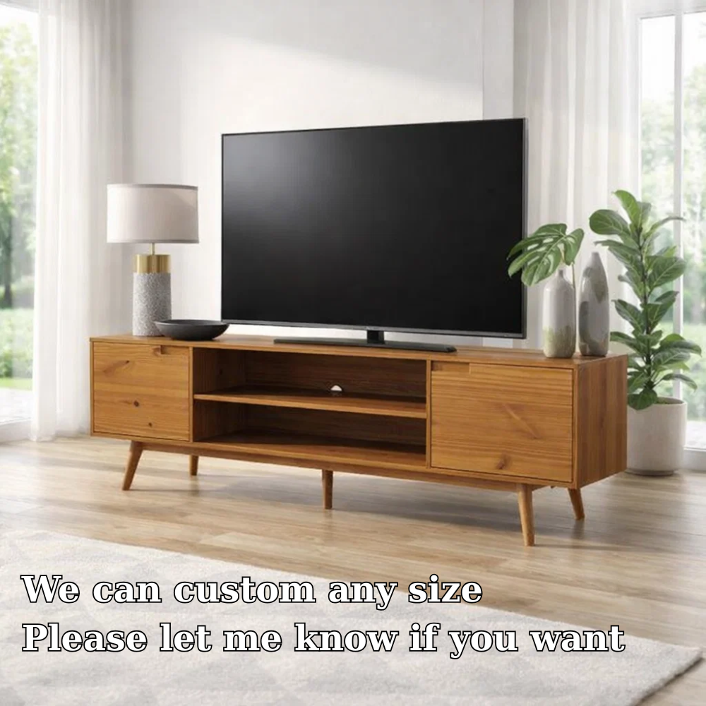Solid Wood TV Console with Open Shelf & Cabinets – Modern Media Stand