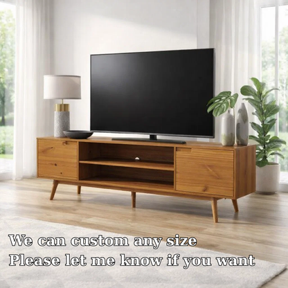 Solid Wood TV Console with Open Shelf & Cabinets – Modern Media Stand