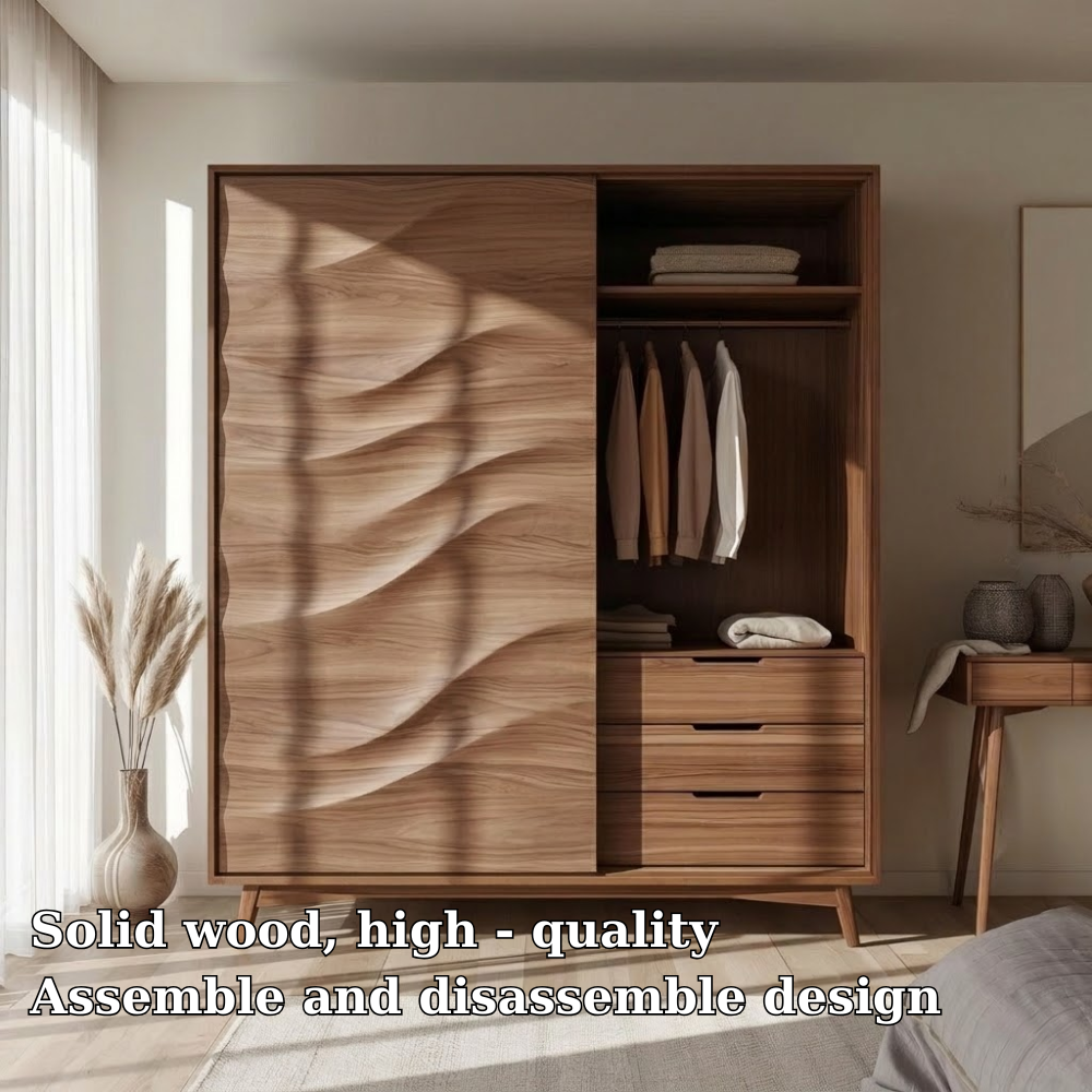 Solid Wood Wardrobe with Sculpted Wave Door – Modern Bedroom Closet with Drawers