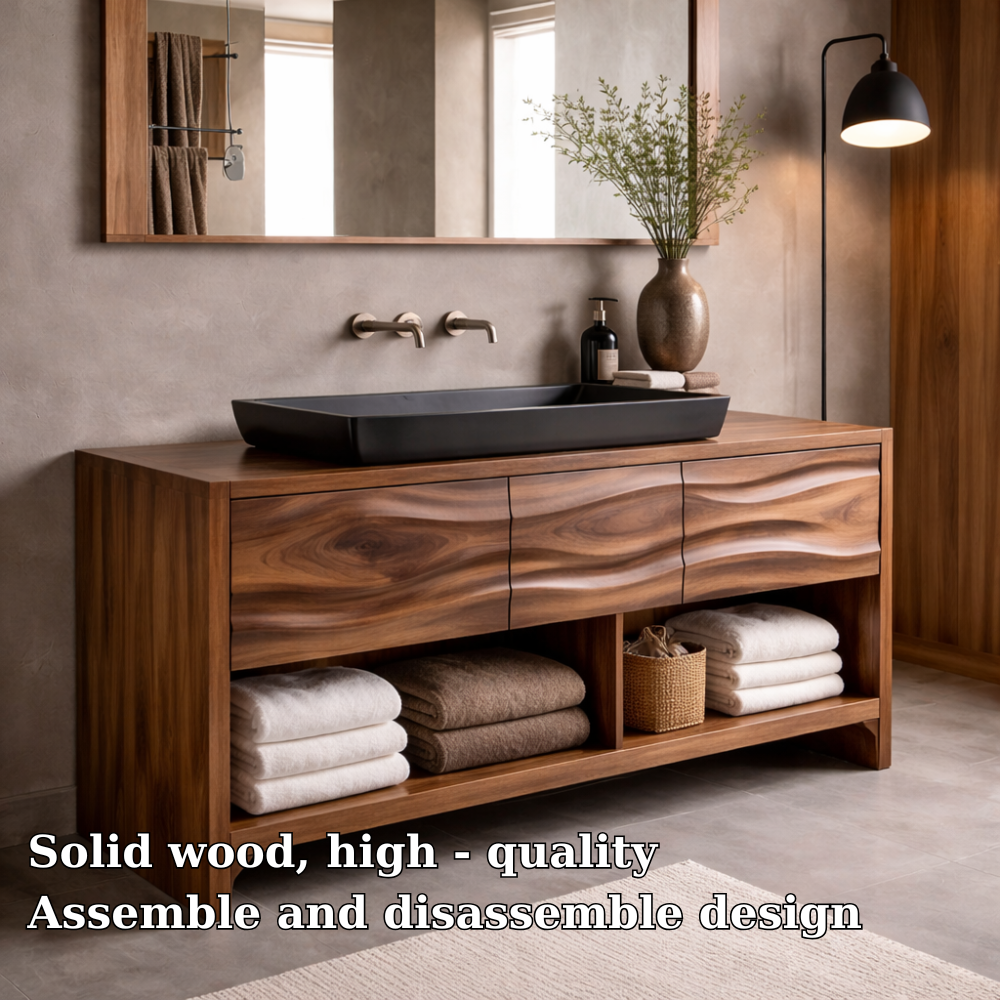 Solid Walnut Wood Bathroom Vanity Cabinet with Drawers & Open Shelf – Modern Vanity Base