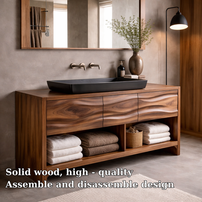 Solid Walnut Wood Bathroom Vanity Cabinet with Drawers & Open Shelf – Modern Vanity Base