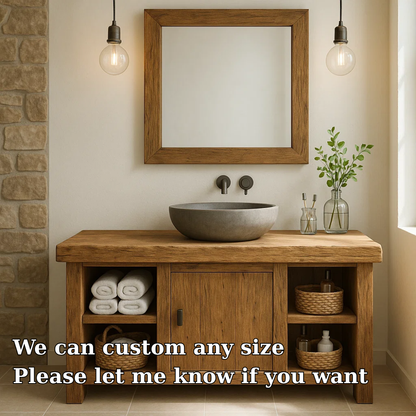 Rustic Wooden Bathroom Vanity with Vessel Sink and Storage Compartments Kitchnce