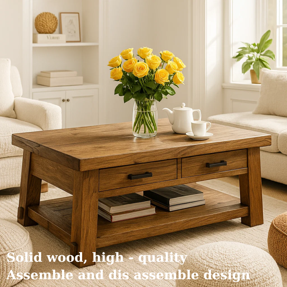 Handcrafted Solid Wood Coffee Table – Rustic Modern Center Table with A-Frame Legs, Drawers, and Shelf for Cozy Living Room Kitchnce