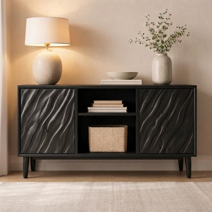 Solid Wood Console Cabinet with Wave Carved Doors & Open Shelf Storage