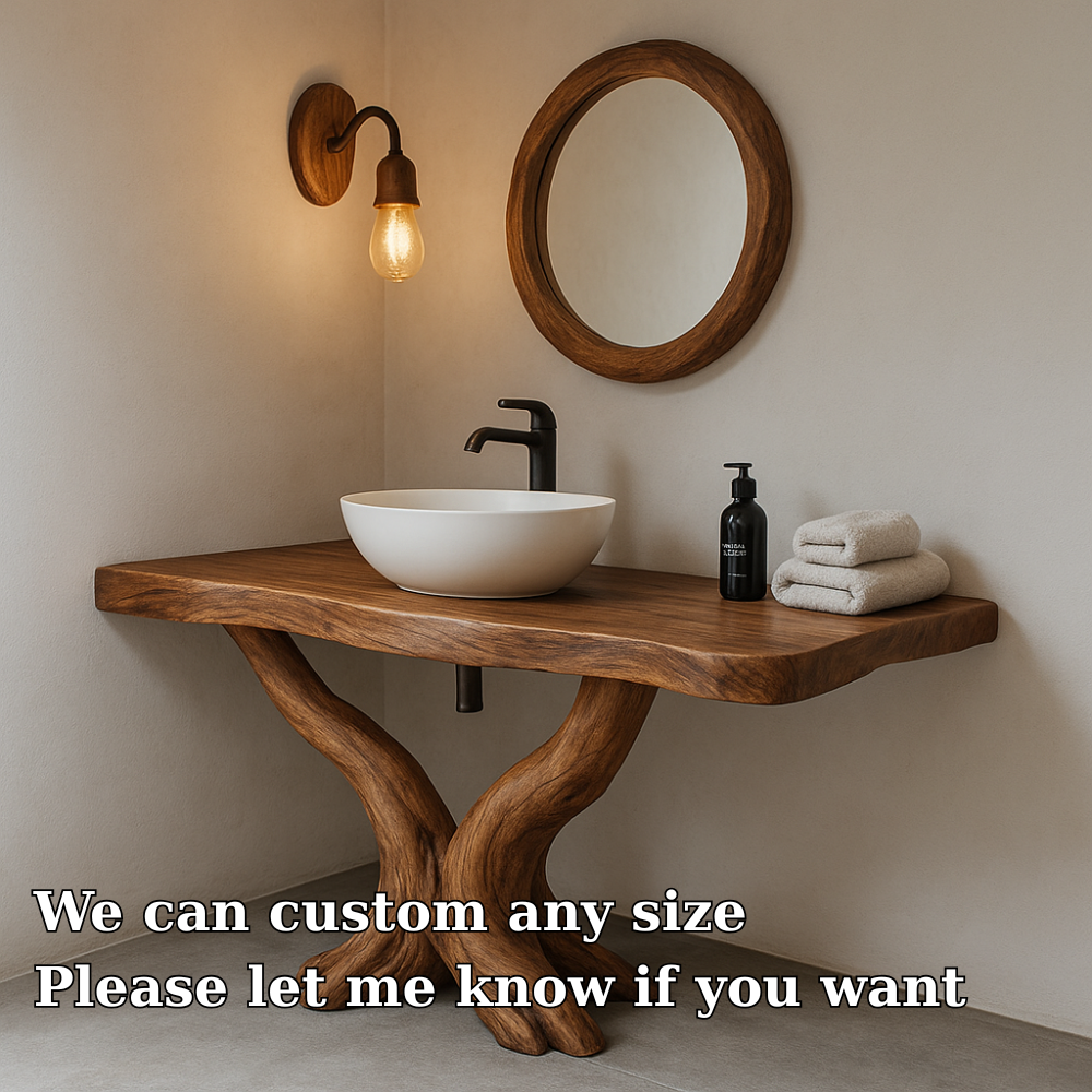 Handcrafted Solid Wood Bathroom Vanity – Rustic Natural Design with Curved Root Base Kitchnce