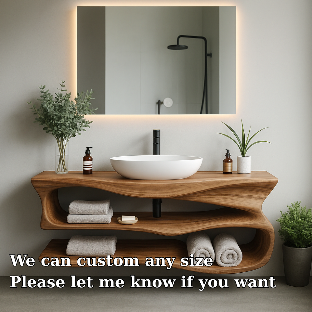 Handcrafted Solid Wood Floating Vanity – Modern Sculptural Bathroom Sink Shelf Kitchnce