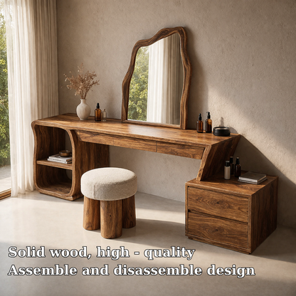Solid Wood Makeup Vanity with Sculptural Mirror and Storage – Modern Design