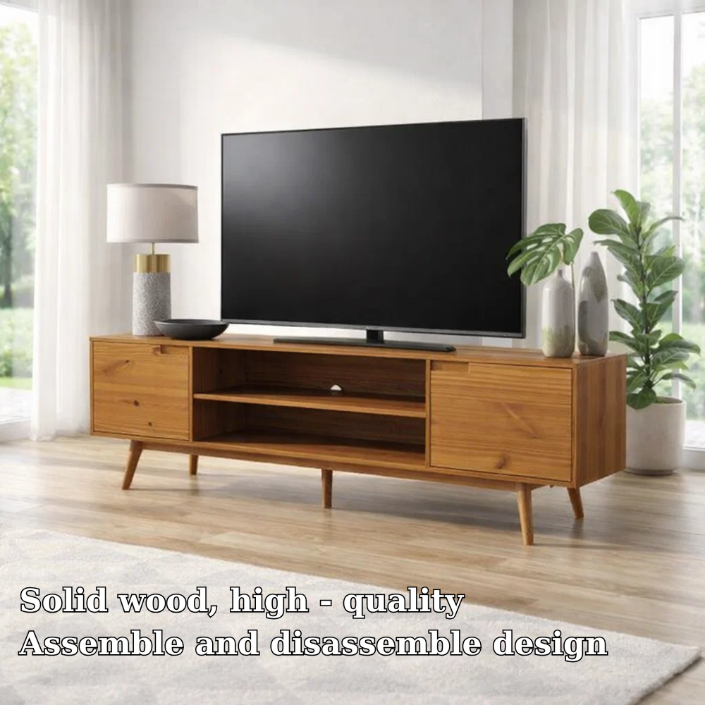 Solid Wood TV Console with Open Shelf & Cabinets – Modern Media Stand