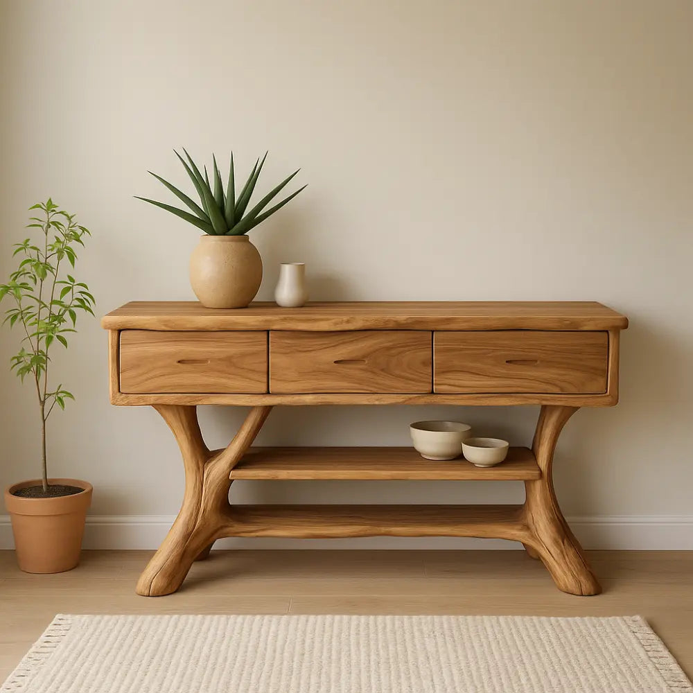 Handcrafted Solid Wood Console Table with Drawers – Natural Modern Entryway Furniture Kitchnce