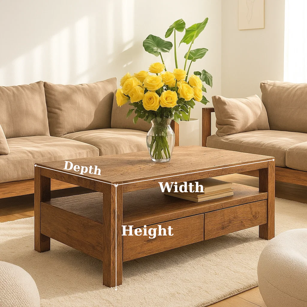 Handcrafted Solid Wood Coffee Table – Modern Rustic Center Table with Drawers and Open Shelf for Minimalist Living Room Décor Kitchnce