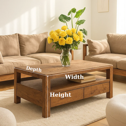 Handcrafted Solid Wood Coffee Table – Modern Rustic Center Table with Drawers and Open Shelf for Minimalist Living Room Décor Kitchnce