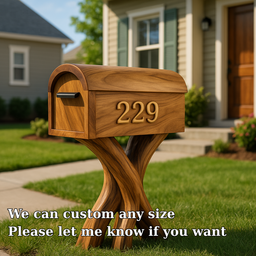 Handcrafted Solid Wood Mailbox with Sculpted Base – Unique Outdoor House Number Post Kitchnce