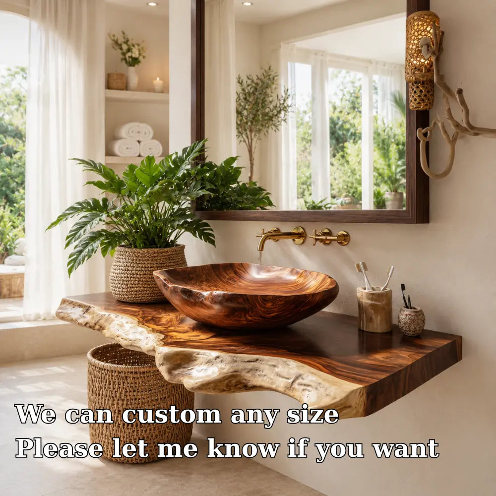 Live Edge Vanity with Wood Vessel Sink | Solid Wood Floating Bathroom Set Kitchnce