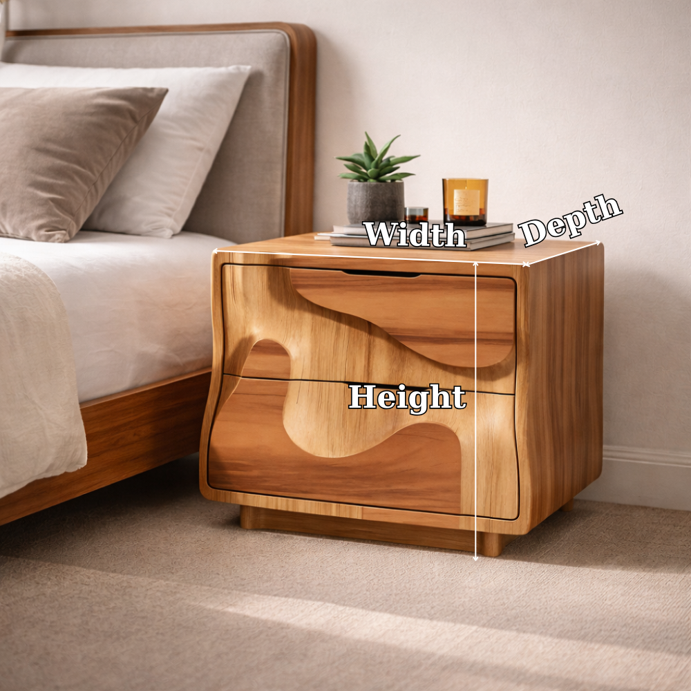 Modern Solid Wood Nightstand with 2 Drawers – Sculptural Bedside Table Storage