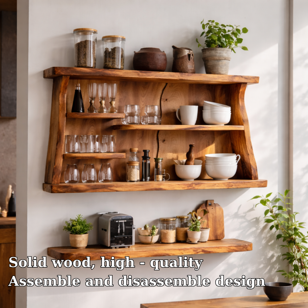 Solid Wood Kitchen Cabinet Shelf – Rustic Wall Mounted Open Storage Rack