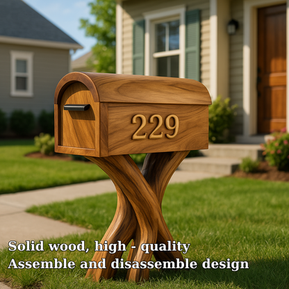 Handcrafted Solid Wood Mailbox with Sculpted Base – Unique Outdoor House Number Post Kitchnce