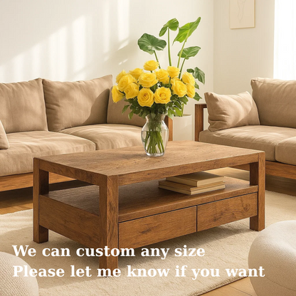 Handcrafted Solid Wood Coffee Table – Modern Rustic Center Table with Drawers and Open Shelf for Minimalist Living Room Décor Kitchnce
