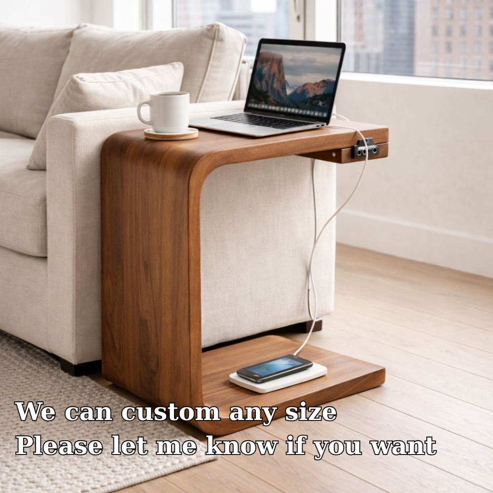 Solid Wood C-Shaped End Table with Charging Port – Modern Sofa Side Table Kitchnce