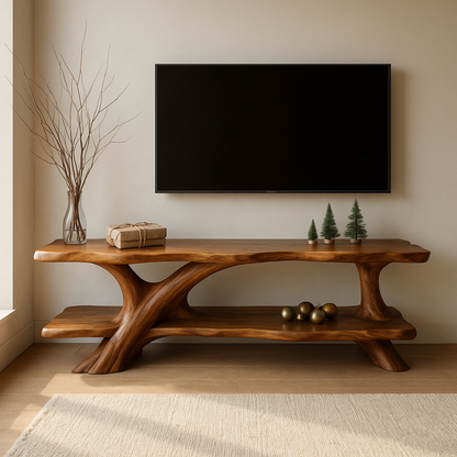 Handcrafted Solid Wood TV Stand – Organic Flow Design with Natural Finish for Modern Interiors Kitchnce