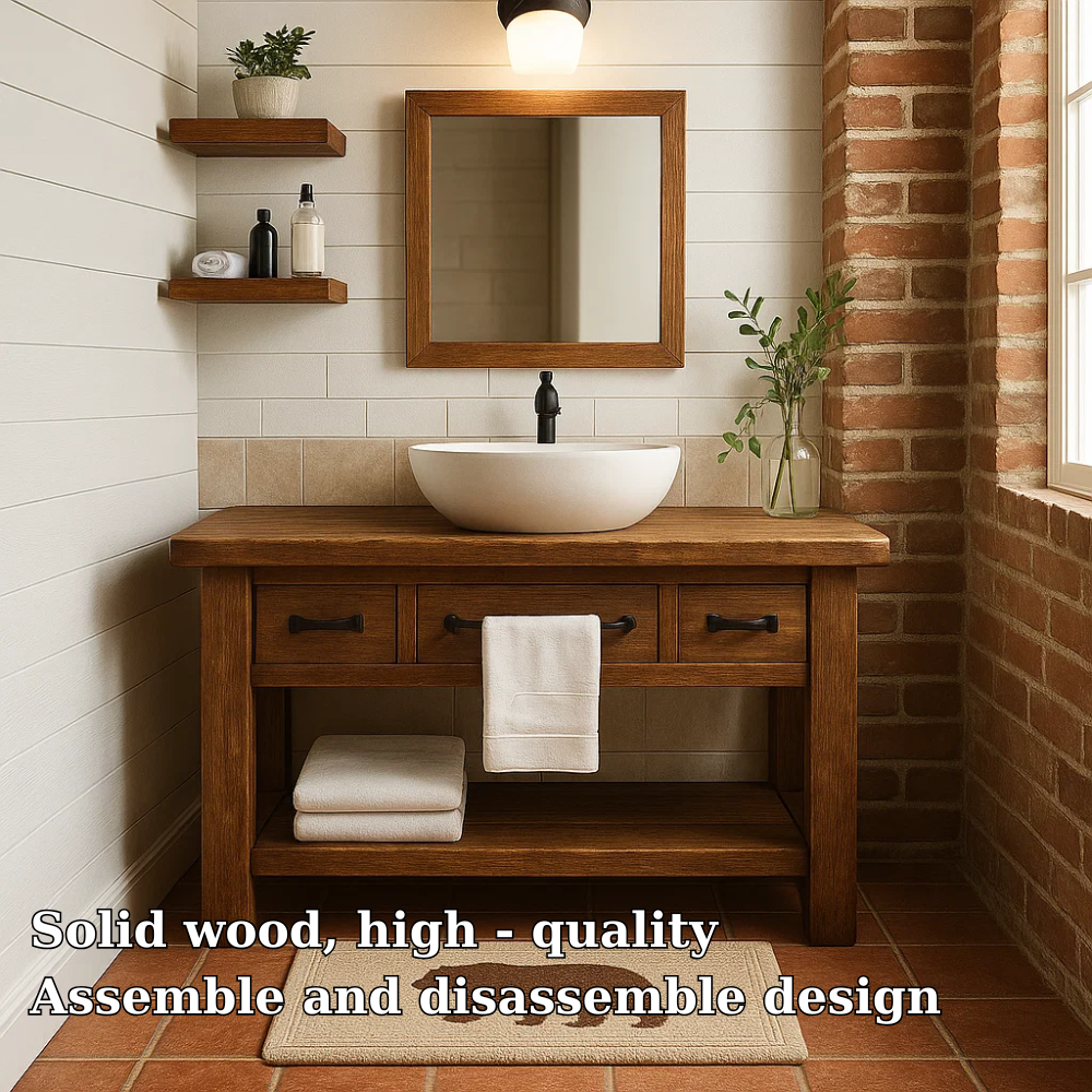 Rustic Solid Wood Bathroom Vanity with Vessel Sink & Storage – Modern Design Kitchnce