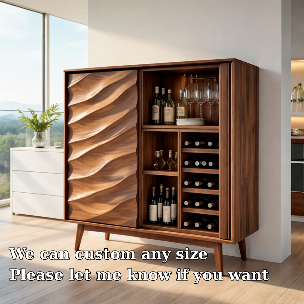 Modern Solid Wood Bar Cabinet with Wine Rack & Sculpted Door – Mid Century Home Bar Storage