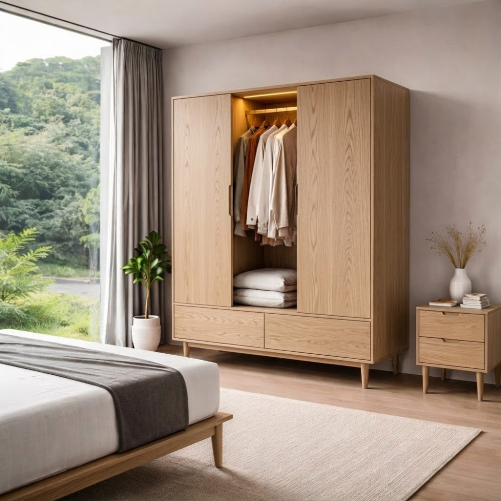 Solid Wood Wardrobe with Drawers – Mid Century Bedroom Closet