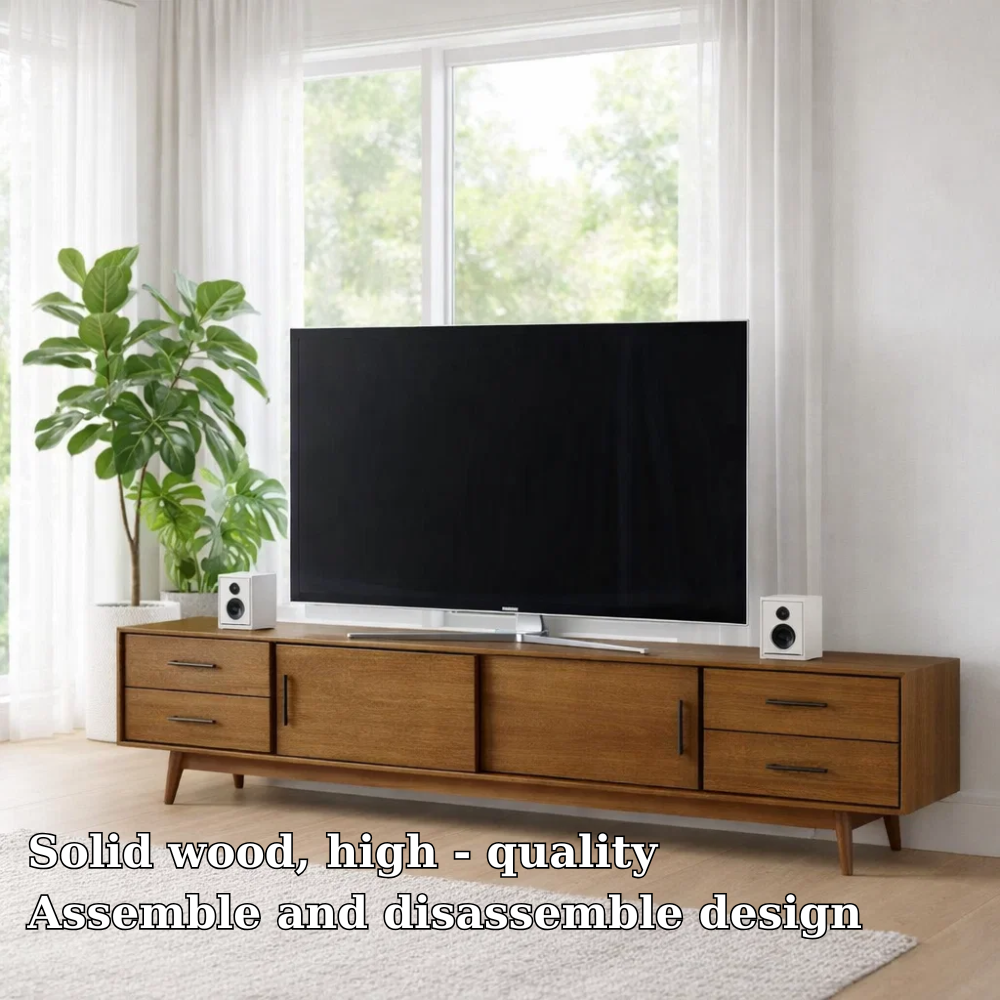 Mid Century Solid Wood TV Console with Drawers & Cabinets – Modern Media Stand