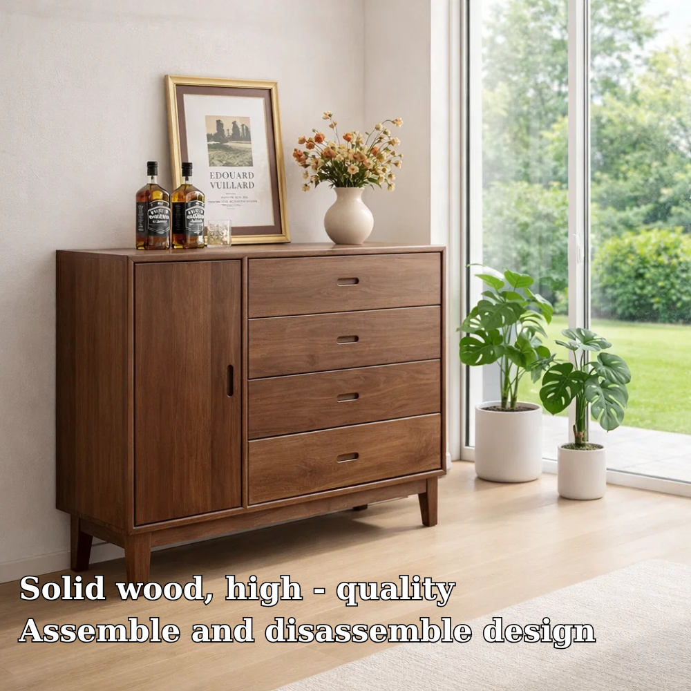 Mid Century Storage Sideboard Cabinet with 4 Drawers and Door – Compact Console